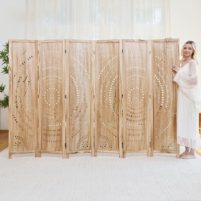 5.6 Ft Folding Room Divider, Portable Privacy Screen & Partition, No Assembly Required for Use as Cat Litter Box Cover, Clutter Hider, Room Separator, 6 Panels (Natural)
