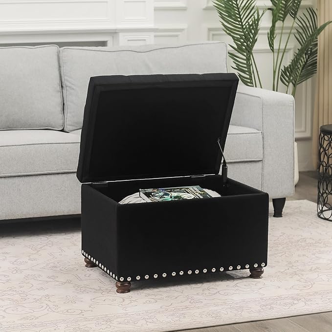 Decent Home Storage Ottoman Fabric Bench 24" Foot Rest Stool with Nailhead Trim for Bedroom Living Room(Black, Fabric)
