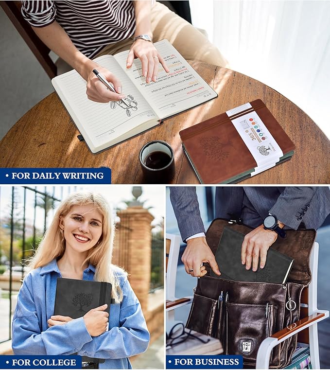 PERCUN B5 Lined Journal Notebook - 365 Page Large Leather Journals for Writing Women Men，Hardcover Notebook with 100Gsm Thick Pages，Daily Diary for Travel, Work，School，College Ruled (7.6" x 10.3")