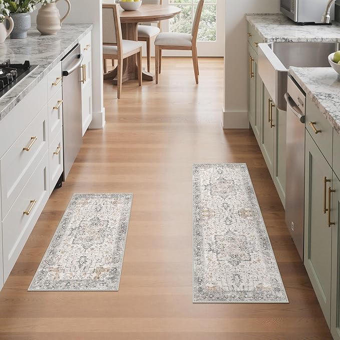 GENIMO Runner Rug 2PCs, Machine Washable Non Slip Vintage Hallway Runner Rug 17.3"x47"+17.3"x30", Low Pile Lightweight Rugs for Indoor Entryway, Hallway, Kitchen and Corridor, Light Taupe Brown