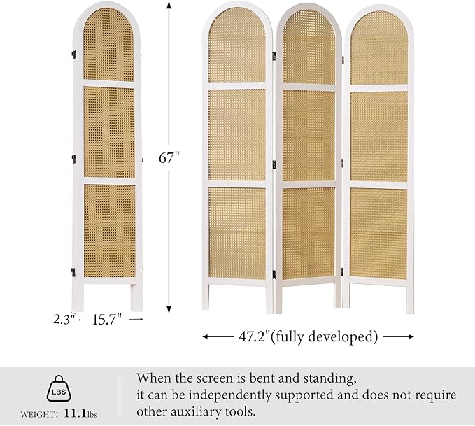 Svimi Room Dividers and Folding Privacy Screens, Pine Wood 5.6 Ft Double Hinged Rattan Partition Freestanding Wall Room Divider for Home - 3 Panels (White)