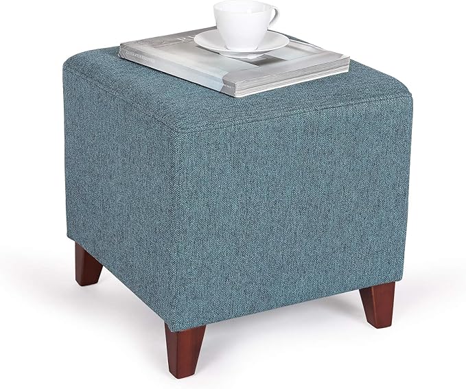 Edeco Square Footrest Ottoman Stool Seat with Linen Fabric and Non-Skid Wooden Legs, Blue