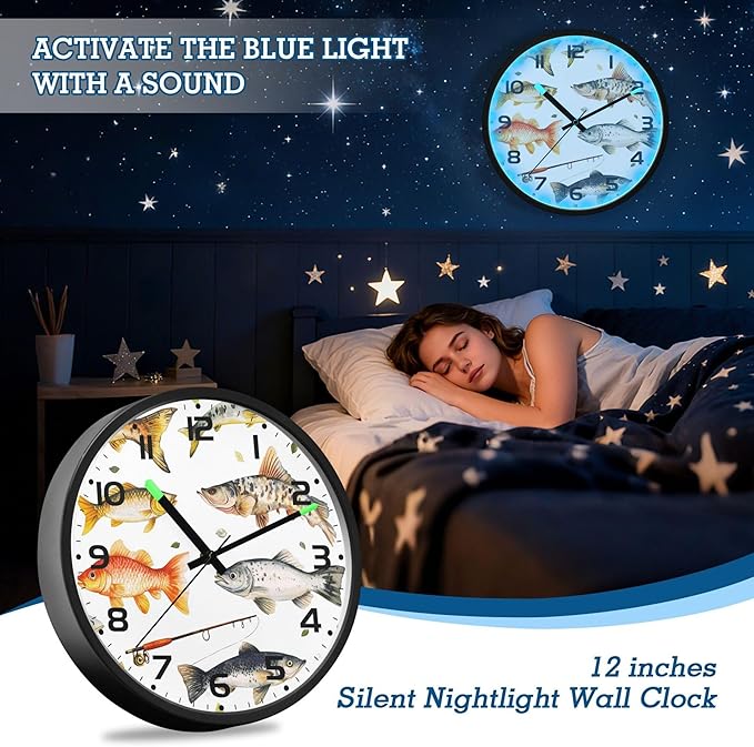 Vozoza Fishing Underwater 12 Inch Analog Wall Clocks Battery-Operated with Led Lights for Living Room Bedroom Kitchen Office Decor, Battery Not Included