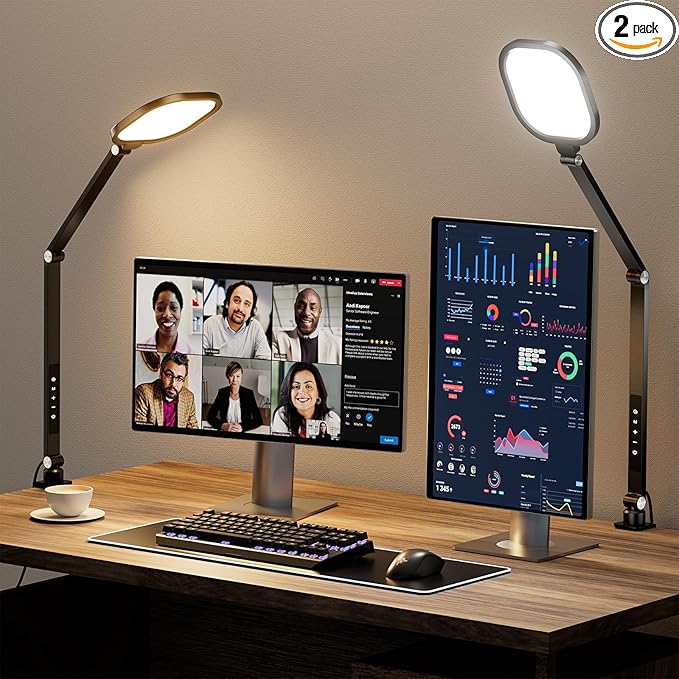LitONES 2 Packs Led Desk Lamps for Home Office, 1200LM Dimmable Clamp-on Desktop Light, Adjustable Swing Arm Ring Light with Stand, Memory & Timer Function, Eye-Caring Design