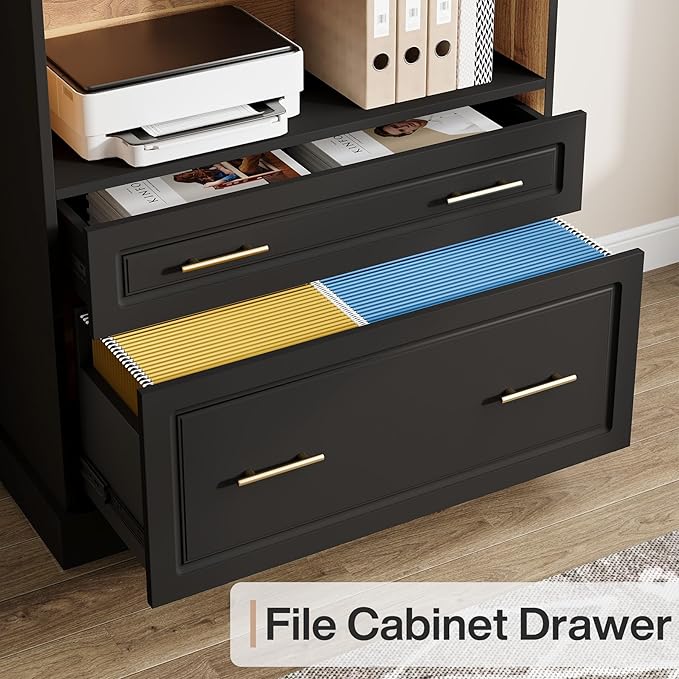Tribesigns Way to Origin 2-Drawer Vertical File Cabinet for Letter Size, Moder Filing Cabinet with 5-Tier Bookshelf, Large Printer Stand with Open Storage Shelves for Home Office (Black)