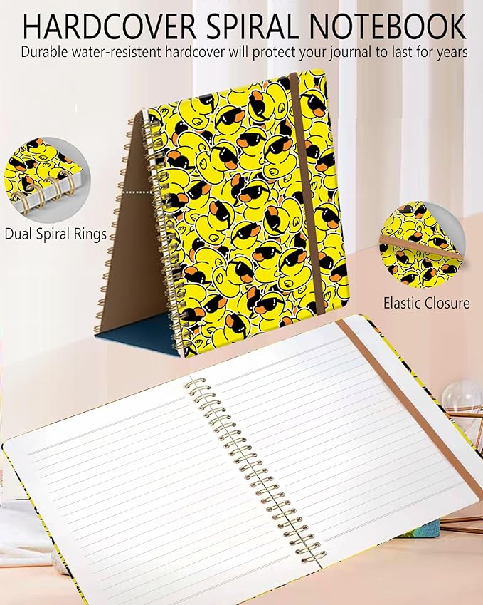 DHGPTS Spiral Journal Notebook, A5 Cute Notebooks for Women Men, College Ruled Hardcover Notebook for Work & Note Taking, 60 Pages Double-Wire Journals for Writing, Cool Yellow Ducks