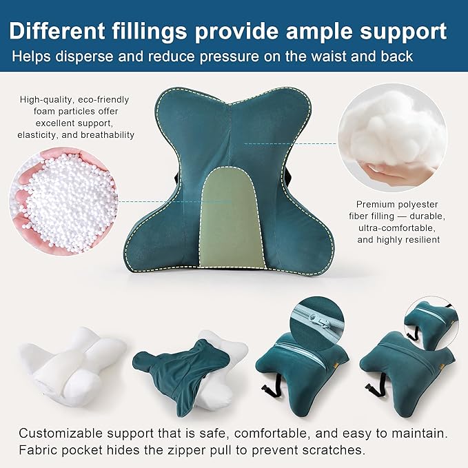 Ailuteie Lumbar Support Pillow(Pat. Pend) – Multi-Functional Ergonomic Back Cushion for Office Chair, Car Seat & Sofa, Reading Pillow with Firm Multi-Zone Support to Relieve Lower Back Pain,Slate Blue
