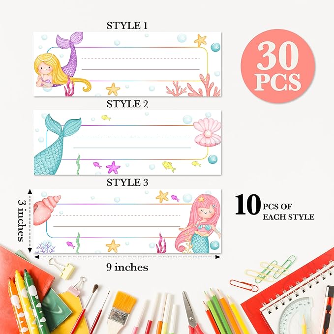 Mermaid Name Tags for Students - Under The Sea Name Plates for Classroom Desks, 30 Pack (07)