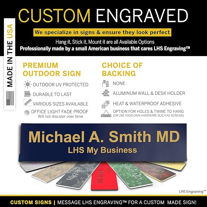 Engraved Custom Door Plate Navy Blue Plastic Office Door Sign with Gold Letters - Made in USA 2x4 B10