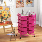 GLACER 10 Drawer Rolling Cart, Storage Cart with Lockable Whieels & Metal Frame, Trolley for Art Craft Oganizer, Mobile Utility Cart for Office, School, Classroom, Kitchen (Hot Pink)