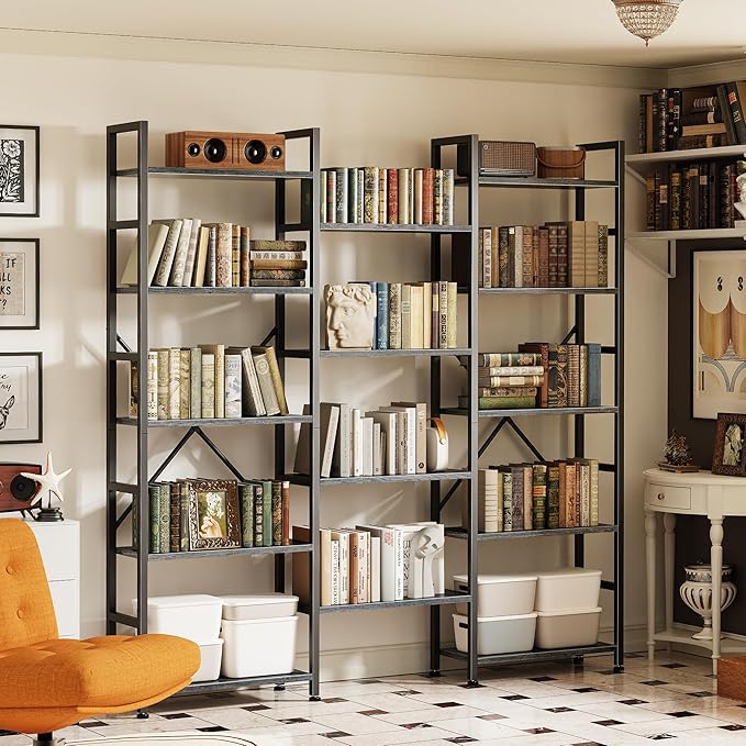 SUPERJARE Triple 5 Tier Bookshelf, Bookcase with 14 Open Display Shelves, Wide Book Shelf Book Case for Home & Office, Grey