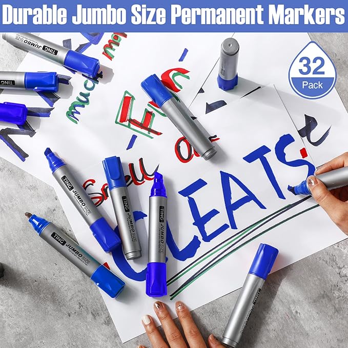 Fuutreo 32 Pcs Jumbo Permanent Markers Bulk Large Chisel Tip Permanent Markers Waterproof Jumbo Pens Quick Drying Office Supplies(Blue)