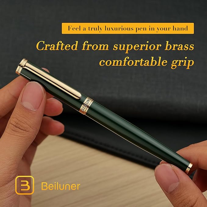 BEILUNER Racing Green Fountain Pen,Stunning Luxury Pens with 24K Gold Finish, Gorgeous 24K Gilded Nib(Fine), Trustworthy Gift for Men&Women -Ink Converter-Elegant, Graduation,Fancy Pen for Writing