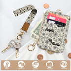 bolimoss Bat Lanyard Wallet Badge Holder PU Leather RFID Keychain Wallet with Breakaway Neck Wristlet Lanyard Zipper Pocket, Slim Credit Card Holder with Key Ring Phone Holder for Teacher Nurse Women