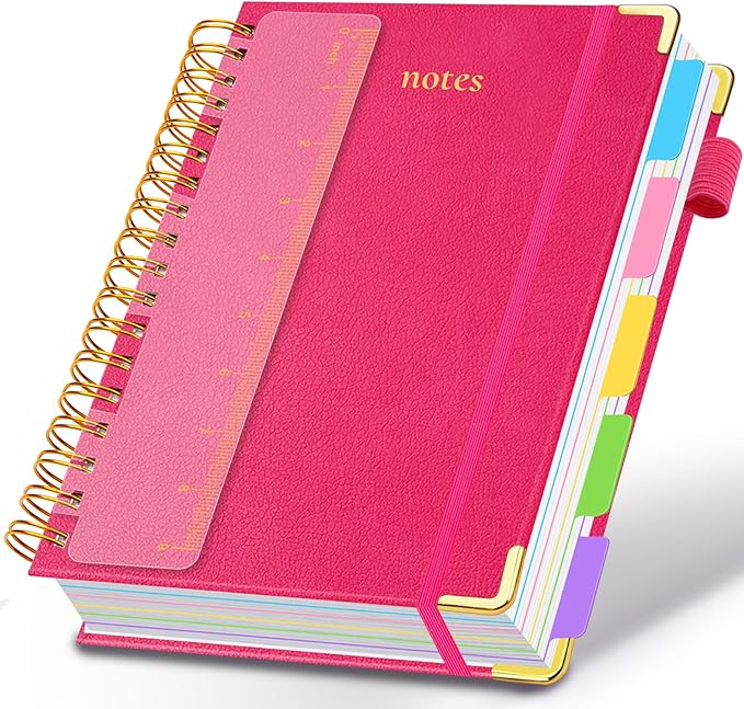 Hardcover Spiral Notebook 8.5"x11" Journal Notebook with Tabs and Removable Dividers 300 Pages 5 Subject Notebook College Ruled, Faux Leather Spiral Bound Notebook for Women School Work (Rose Red)