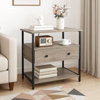 Edbuosy 27 Inch Wide Night Stand with Charging Station, Wood Nightstand with Open Shelf, Large Drawer Bedside Table for Living Room/Bedroom/Office (Rustic Gray)
