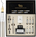 Wordsworth & Black Calligraphy Pen Gift Set, Includes Bottle, 6 Cartridges, 1 Refill Converter, 6 Replacement Nibs, Premium Package, Journaling, Smooth Writing Pens [Silver Chrome]