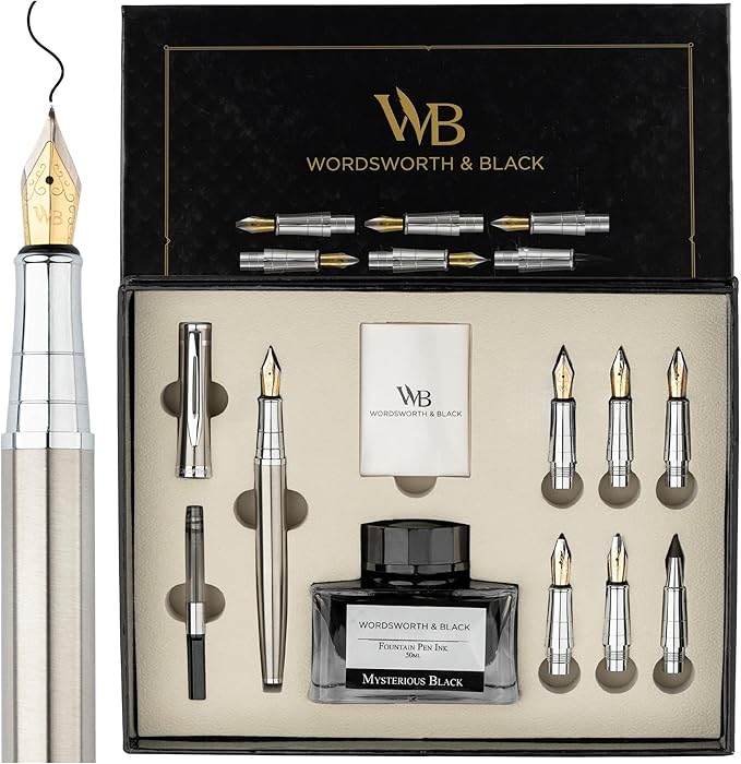Wordsworth & Black Calligraphy Pen Gift Set, Includes Bottle, 6 Cartridges, 1 Refill Converter, 6 Replacement Nibs, Premium Package, Journaling, Smooth Writing Pens [Silver Chrome]