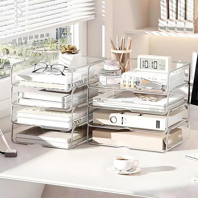 OUTIOE 4-Tier Paper Organizer for Desk, Stackable Desk Organizer Paper Tray, Ideal for Office Supplies, A4 Storage (Clear, 4-Tier)