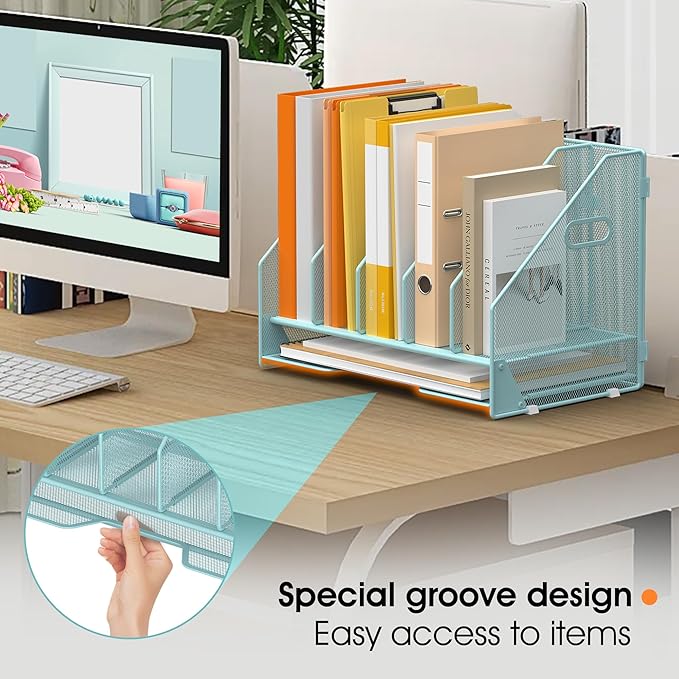 OrgMate Desk File Folder Holder Organizer-5 Vertical Compartments Racks and Paper Letter Tray,Mesh Magazine File Holder Sorter,Desktop Accessories & Workspace Organizers for Home,Office,School-Blue