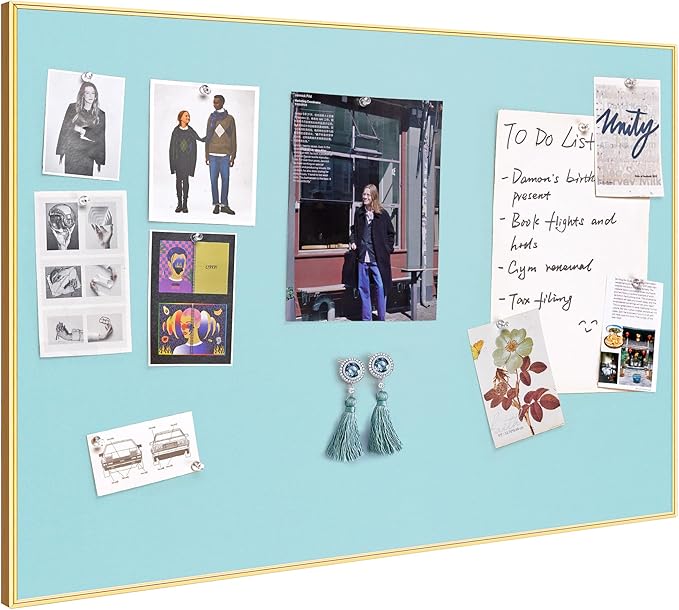 Lightomorrow Bulletin Board 30 x 20 inches, Dark Blue Pin Board, Golden Aluminum Framed Fabric Cork Board with 10 Push Pins
