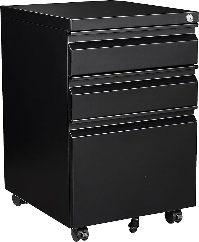 Fesbos 3 Drawer Mobile Metal File Cabinet, Black Filling Cabinets with Lock, Pre-Built Office Storage File Cabinet with Wheels Under Desk - Assembled Required