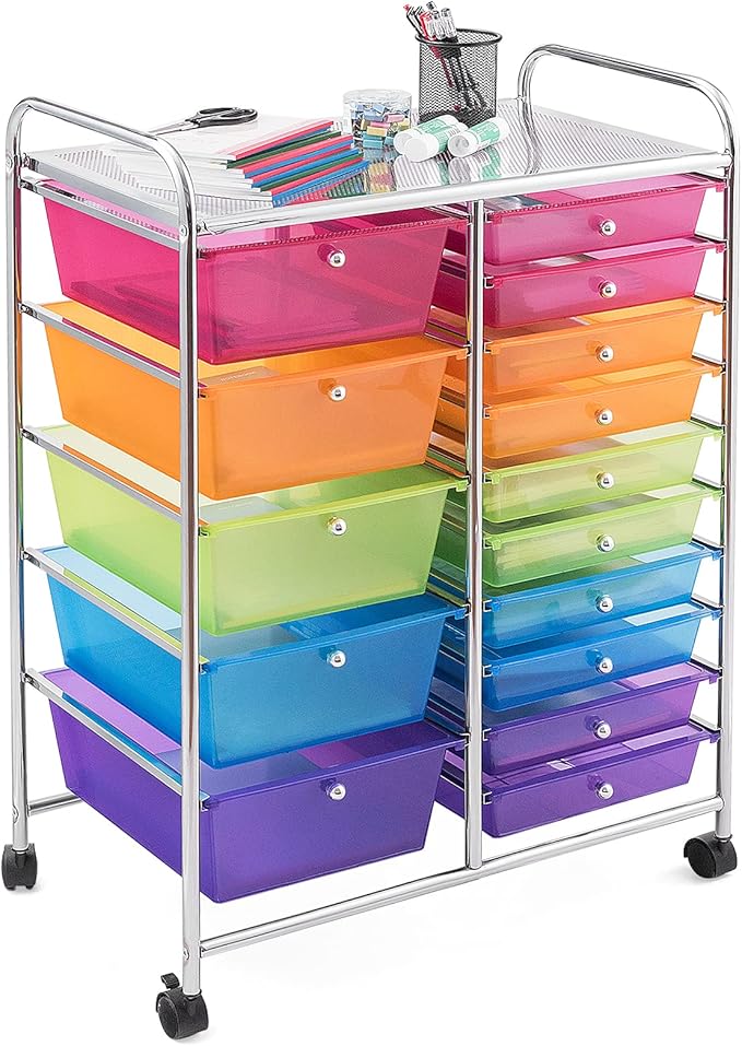 DORTALA 15-Drawer Rolling Storage Cart with Drawers, Rolling Utility Cart w/Removable Drawers & Universal Wheels, Tools Scrapbook Paper Organizer for School, Office, Home, Classroom (Rainbow)