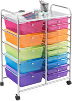 DORTALA 15-Drawer Rolling Storage Cart with Drawers, Rolling Utility Cart w/Removable Drawers & Universal Wheels, Tools Scrapbook Paper Organizer for School, Office, Home, Classroom (Rainbow)