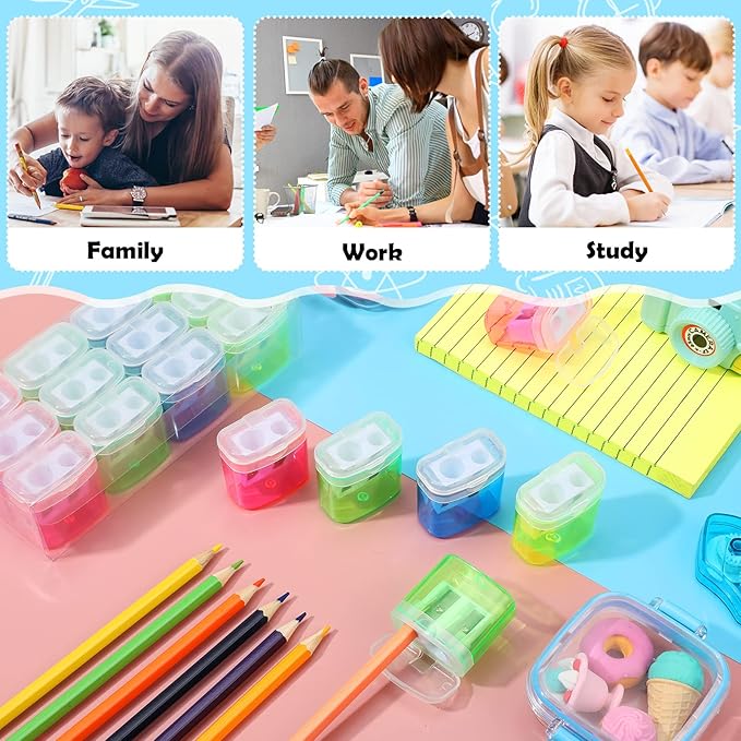 Teling 216 Pcs Manual Pencil Sharpeners Bulk Handheld Dual Holes Pencil Sharpeners for Kids Colorful Portable Compact Sharpener with Lid for Students School Class Home Office Supply