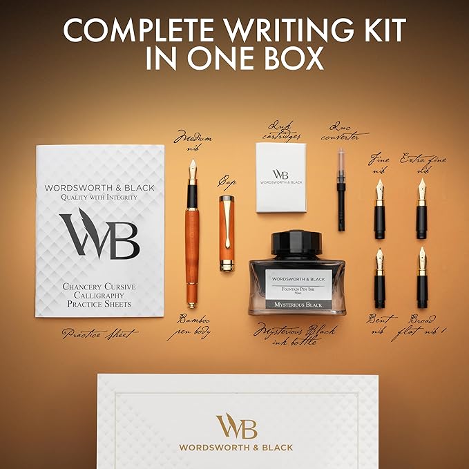 Wordsworth & Black Fountain Pen Gift Set, Includes Ink Bottle, 6 Ink Cartridges, Ink Refill Converter, 4 Replacement Nibs, Luxury Bamboo, Journaling, Calligraphy, Smooth Writing Pens [Cherry Wood]