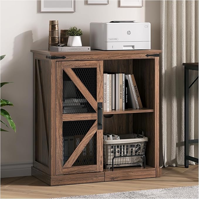 JOINICE,Printer Stand with Storage,File Cabinet with Socket and USB Charging Port,Farmhouse Paper Shredder Stand Rack with Slide-Out Shelf,Walnut