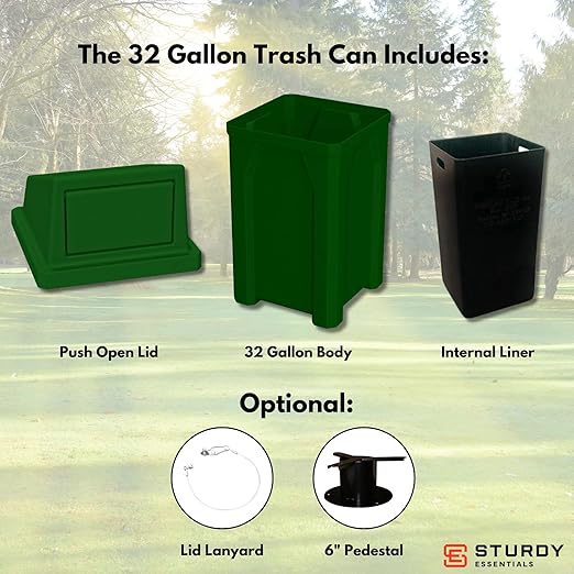 Sturdy Essentials Campus Collection 32 Gallon Square 100% Recycled Plastic Heavy Duty Indoor or Outdoor Commercial Trash Can with Push Lid | Great for Schools and Businesses - Green