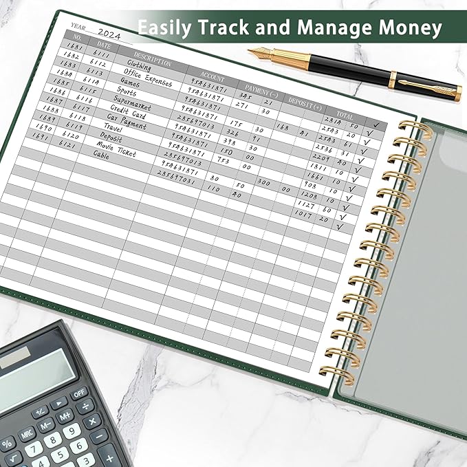 HAUTOCO Hardcover Accounting Ledger Book for Small Business Bookkeeping Horizontal Money Expense Tracker Notebook with 2 Storage Pouch, Personal Columnar Log Journal 10.78 x 8'', Dark Green