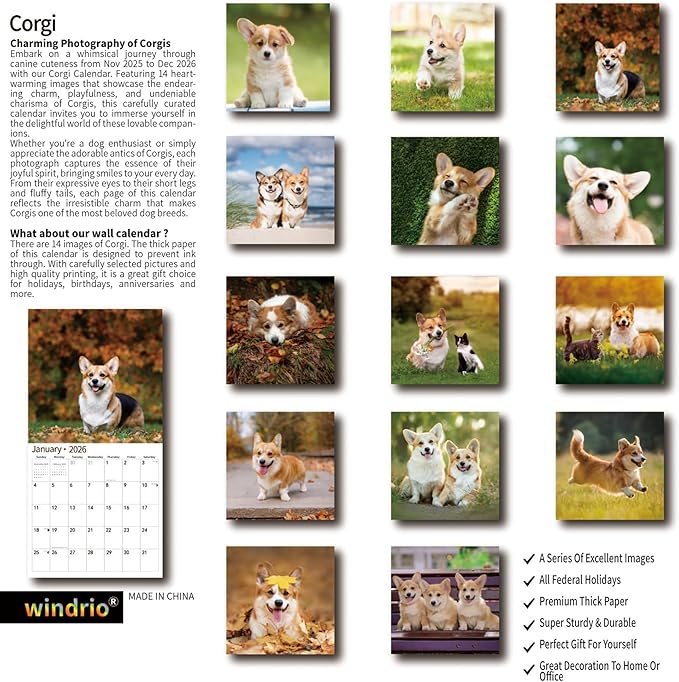 2026 Wall Calendar, November 2025 - December 2026, Wall Calendar Corgis, 12" x 24" Opened,Full Page Months Thick & Sturdy Paper for Calendar Organizing & Planning