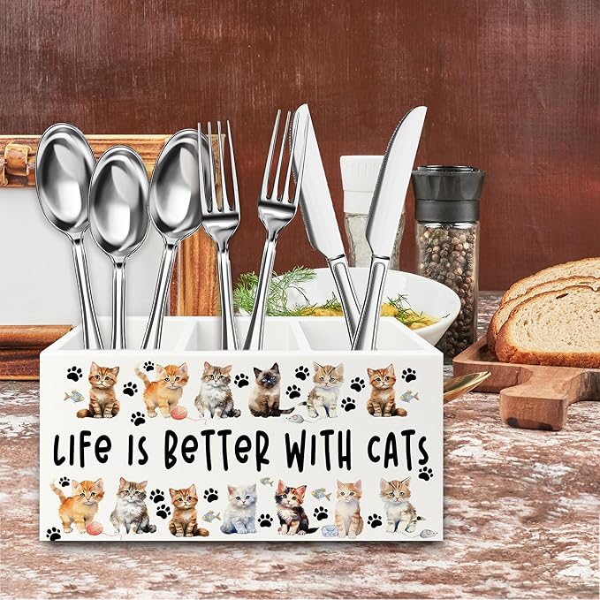 QZQE Cat Pen Pencil Holder Organizer for Desk, Cat Lovers Mom Lady Gifts for Women, Life Is Better with Cats Wooden Box Signs Decorations for Home Office Desk Tabletop, Gifts for Pet Lovers