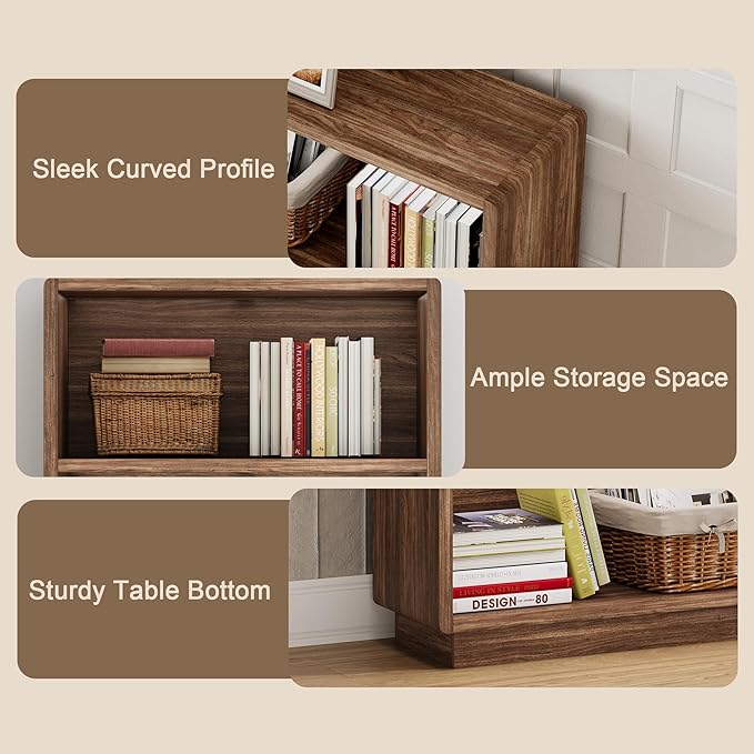 ChooChoo 2-Tier Bookcase, Small Wooden Bookshelf, Farmhouse Bookshelf with Open Storage, Short Bookcase for Bedroom and Home Office, Brown Walnut