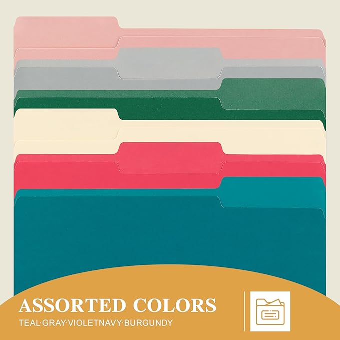 Color File Folders, 1/3-Cut Tabs, Letter Size, Assorted Colors Organizer File Folders for School Home Office Business (60, Assorted Colors)
