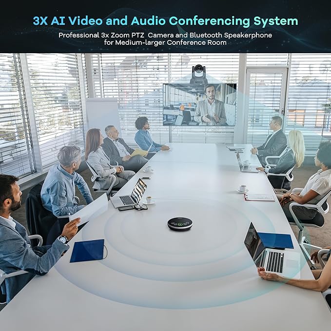 TONGVEO AI Auto-Tracking PTZ Conference Camera System with Bluetooth Microphones, 3X Optical Zoom USB3.0 1080P 60fps, 93° Wide-Angle All-in-One Video Conference Solution for Church & Office