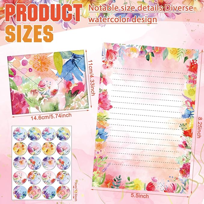 TaoBary 160 Pcs Stationery Paper Set 50 Double Sided Stationery Papers with 50 Matching Envelopes and 60 Round Dot Sticker, 10 Design(Bright Floral,5.5 x 8.25 Inch)
