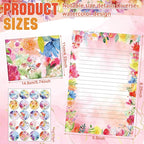 TaoBary 160 Pcs Stationery Paper Set 50 Double Sided Stationery Papers with 50 Matching Envelopes and 60 Round Dot Sticker, 10 Design(Bright Floral,5.5 x 8.25 Inch)
