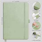 RETTACY Bullet Dotted Journal Notebook, 256 Pages, A5 Medium Size (5.7'' × 8.3''), Leather Hardcover, 120 GSM Thick Paper, for Bullet Journaling, Planning, Tracking (Light Green)