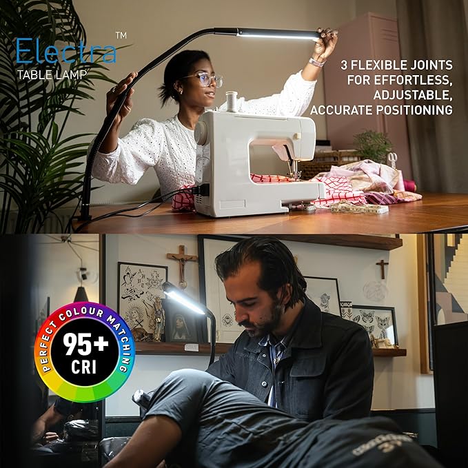 Electra™ Table Lamp: 3 Color Temperatures (Daylight 6000K/Cool 4000K/Warm 2700K), 95+ CRI LED, Dimmer Switch, Flexible Arm, Desk Lamp for Artists, Crafts & Office (Black, 2500 Lux at 12")