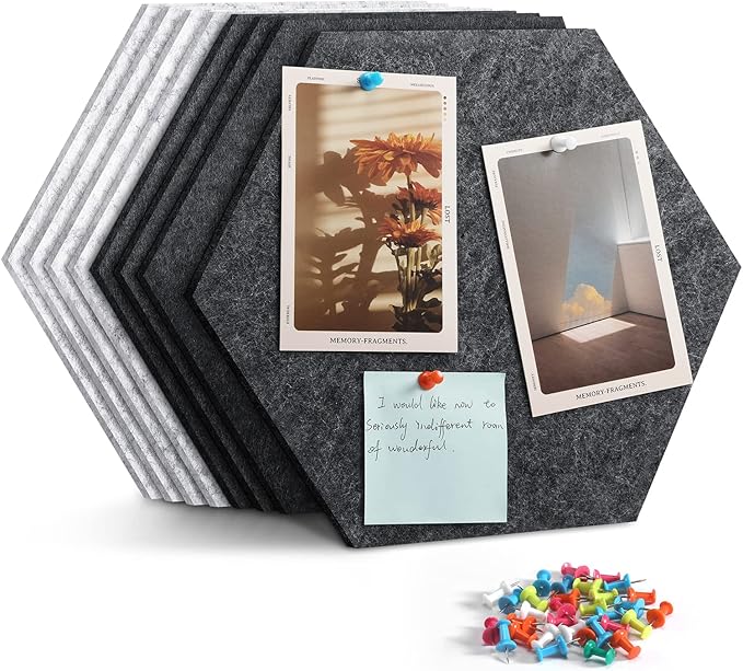 Uoisaiko 12" Large Bulletin Board with 30 Push Pins, Pack of 8 Hexagon Felt Pin Board Notice Boards for Home Office, Felt Wall Tiles for Photos Memos