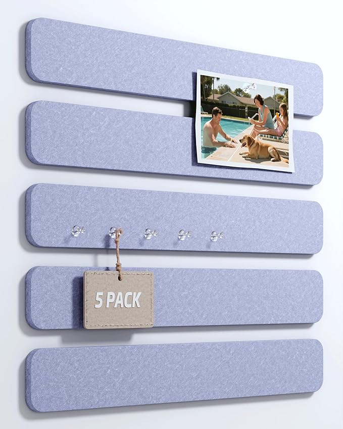 Fluxynara Cork Board Alternative Felt Strip Board 5-Pack 13"x2", Office Pin Board with 35 Push Pins, Adhesive Install for Bedroom Door & Home Office(Soft Periwinkle)