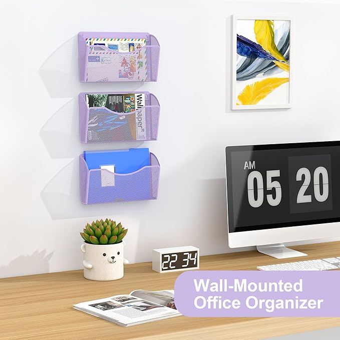 EasyPAG 3 Single Pocket Wall File Organizer, Mesh Hanging File Folder Organizer for Letter/A4 Size Folders, Wall Mounted Vertical Mail Holder for Paperwork, Office, Home, School, Purple