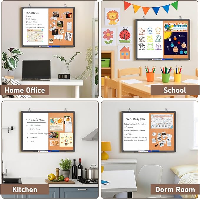 maxtek Combination White Board & Bulletin Cork Board 24 x 18 Whiteboard Magnetic, Combo Dry Erase Board with Black Aluminum Frame, 2' x 1.5' Hanging Message Board Wall Mounted for Homeschool Office