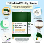 Roterunner Purpose Planner Notebook B5 7.5”x9.8” Undated 2026 Daily Weekly and Monthly Productivity Goal Setting Tool for Work Home ADHD Planner for Adults Self Care Journal