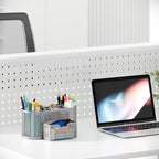 EasyPAG Mesh Pen Holder Desk Organizer with Drawer Stationery Supplies Organizer for Dorm School 9 Compartments Workspace Desk Accessories Organization for Office, Silver