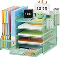 Marbrasse Desk Organizer with File Holder, 5-Tier Paper Letter Tray Organizer with Drawer and 2 Pen Holder, Mesh Desktop Organizer and Storage with Magazine Holder for Office Supplies (Green)