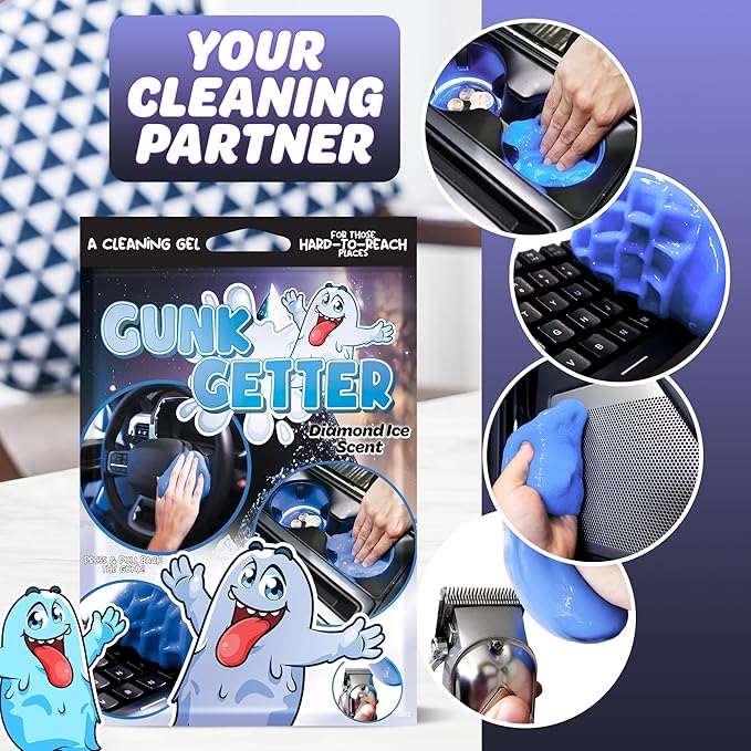 Gunk Getter, Cleaning Gel for Those Hard to Reach Places, Automotive Cup Holder Electronic Keyboard Office, Slime Gel Cleaner Dust Crumb Removal (Diamond Ice, 12 Pack)